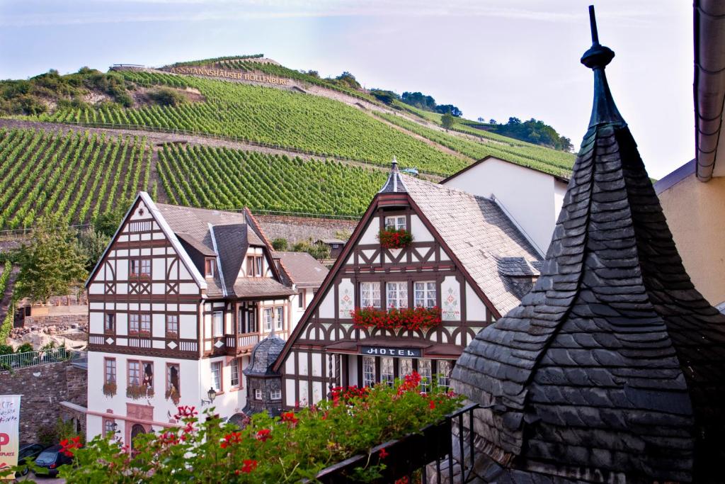 eine Gruppe von Häusern mit einem Hügel im Hintergrund in der Unterkunft AKZENT Hotel Berg's Alte Bauernschänke- Wellness und Wein in Rüdesheim am Rhein