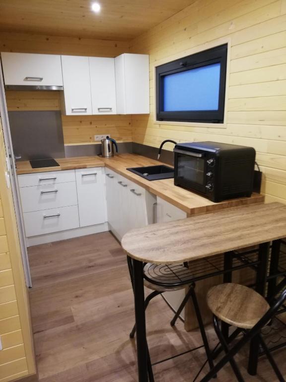 a small kitchen with a table and a microwave at Lodge du Léman in Sciez
