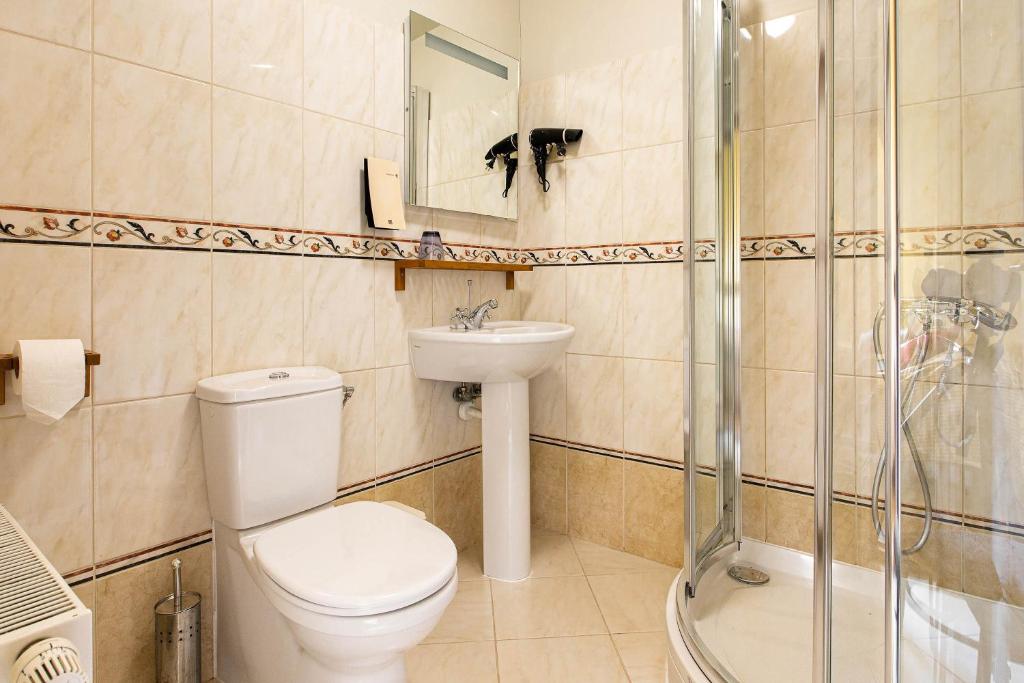 a bathroom with a toilet and a sink and a shower at Karlamuiza Country Hotel in Kārļi