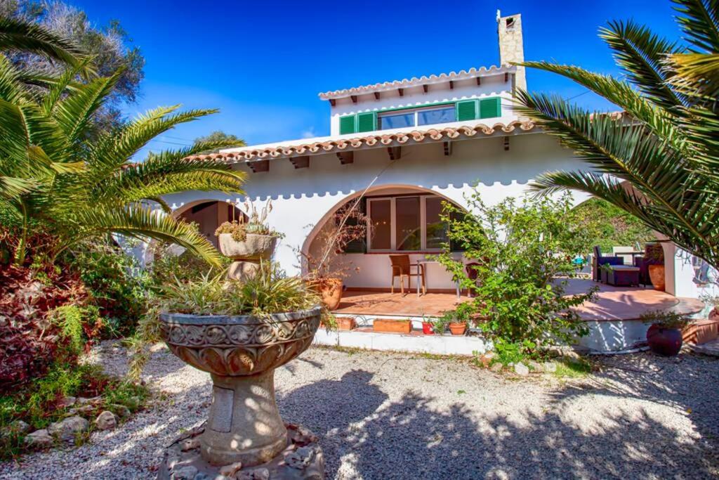 a house with a palm tree in front of it at Villa Cecylia in Es Canutells