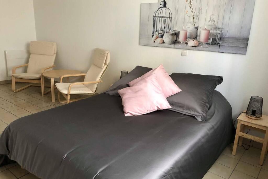 Un dormitorio con una cama con una almohada rosa y sillas en Gites des Lavandières, en Cour-Cheverny