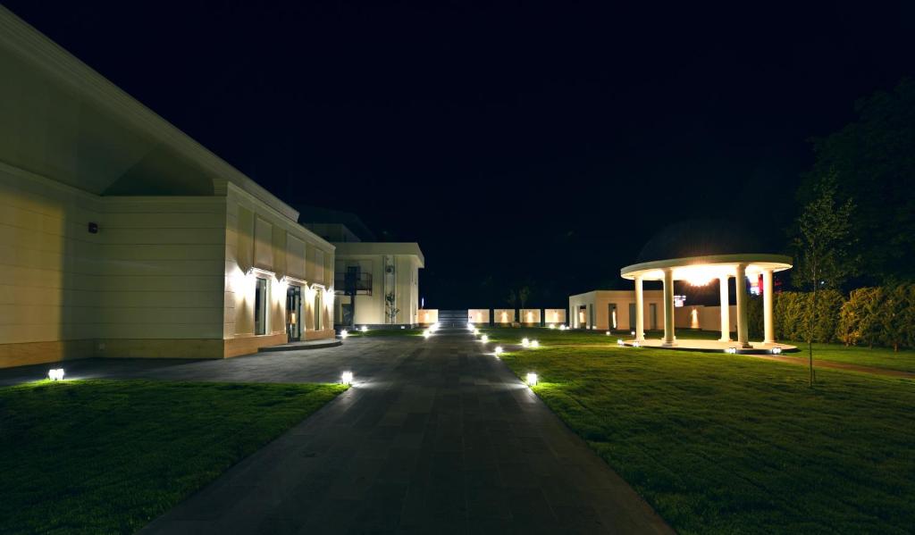 un edificio de noche con luces en la hierba en HoHa Boutique Hotel en Haţeg