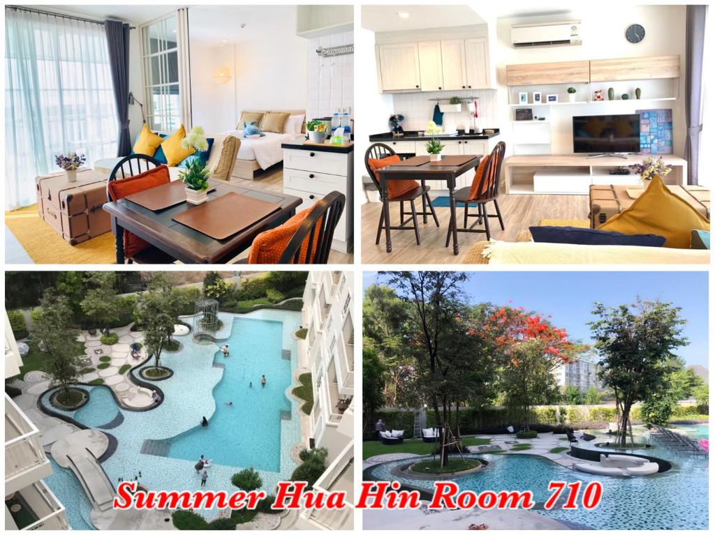 uma colagem de fotografias de uma sala de estar e de uma piscina em Summer Condo Hua Hin Room710 em Hua Hin
