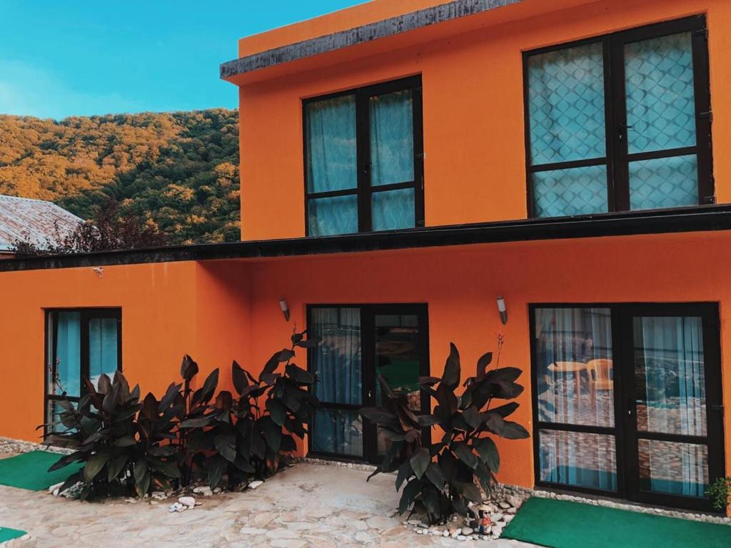 オリギンカにあるГостевой дом Sun streetの目の前に木々が生い茂るオレンジの家