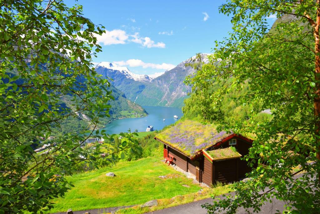 a house on a hill with a view of a lake at Hole Hytter in Geiranger