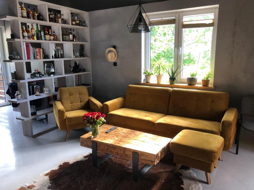 a living room with a couch and a coffee table at Bursztyn Lasu in Gdynia