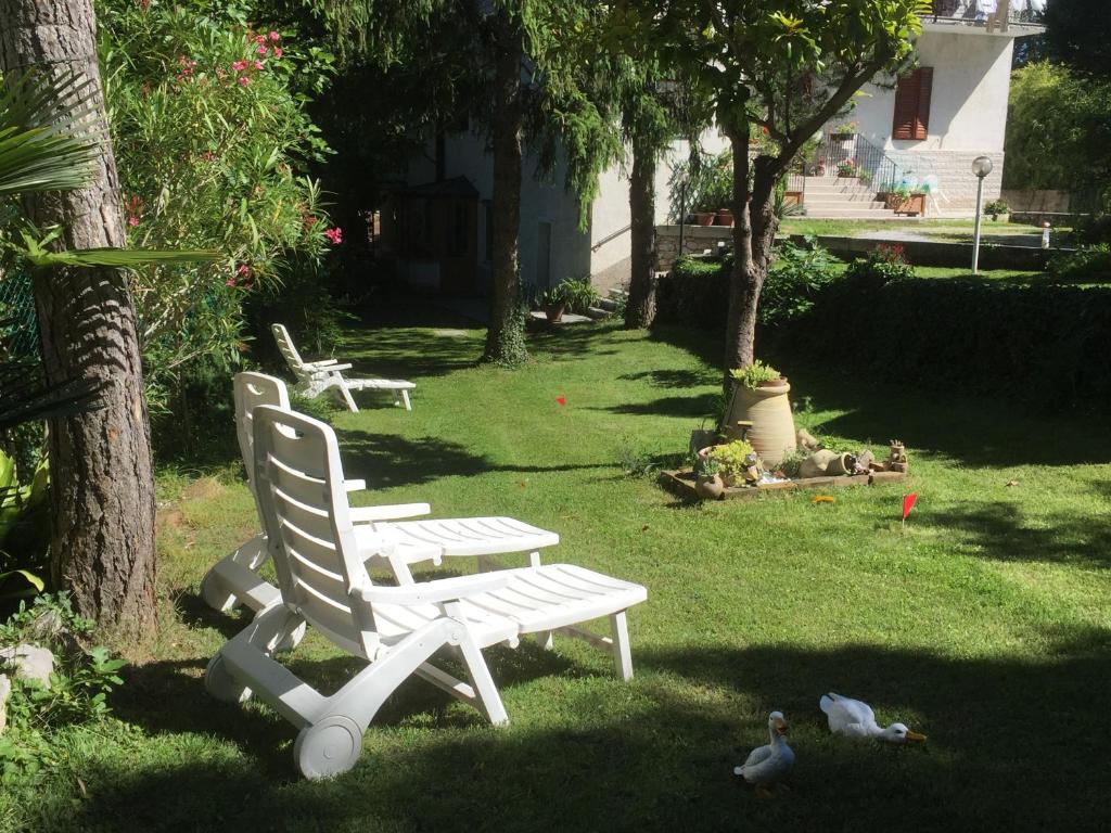 un banco blanco en un patio con patos en la hierba en Stazione 8 en Aurisina