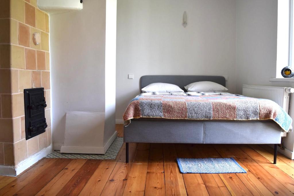 1 dormitorio con 1 cama y chimenea en Butukai, en Palanga
