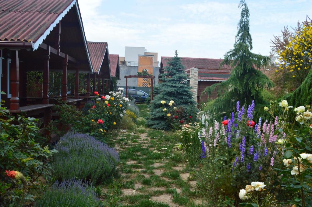 un jardín con flores y plantas coloridas en Cabane de lemn, en Costinesti