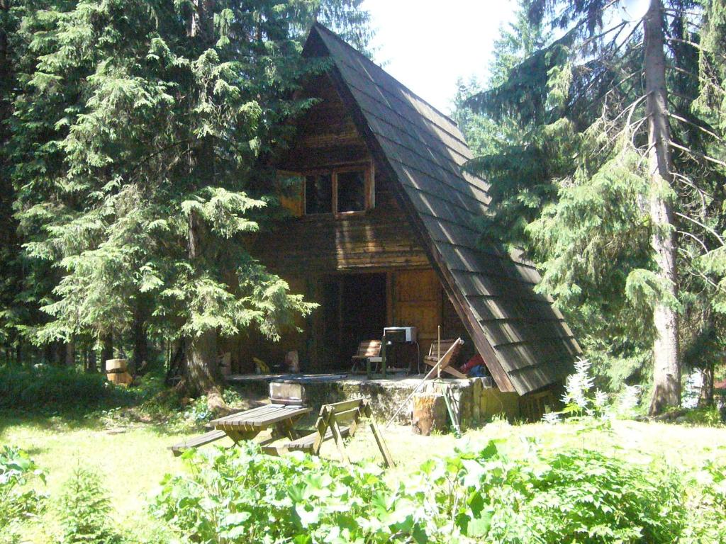 duży drewniany dom z piramidowym dachem w obiekcie Chata pri potoku w Zuberzcu