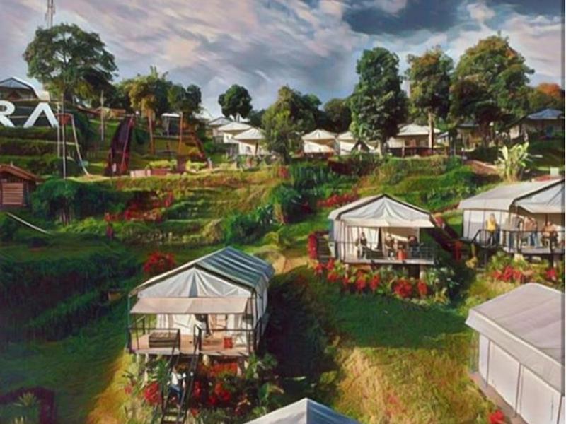 una representación de un parque con tiendas de campaña y flores en Trizara Resorts - Glam Camping en Lembang