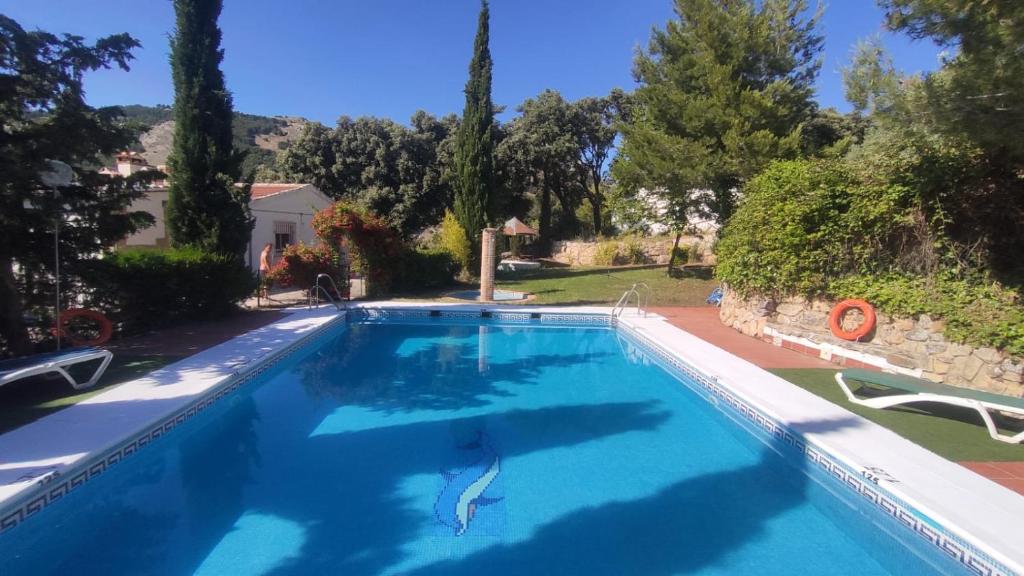 una gran piscina de agua azul en un patio en Hotel Rural Puerto Mágina, en Torres