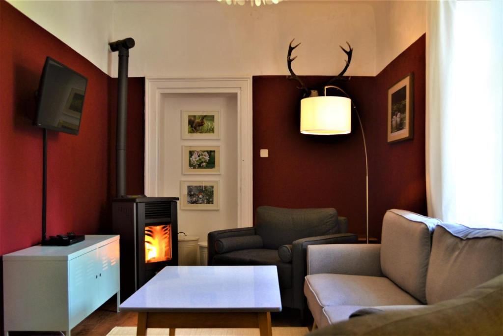 - un salon avec un canapé et une cheminée dans l'établissement Höblinghof, à Schwarzau im Gebirge