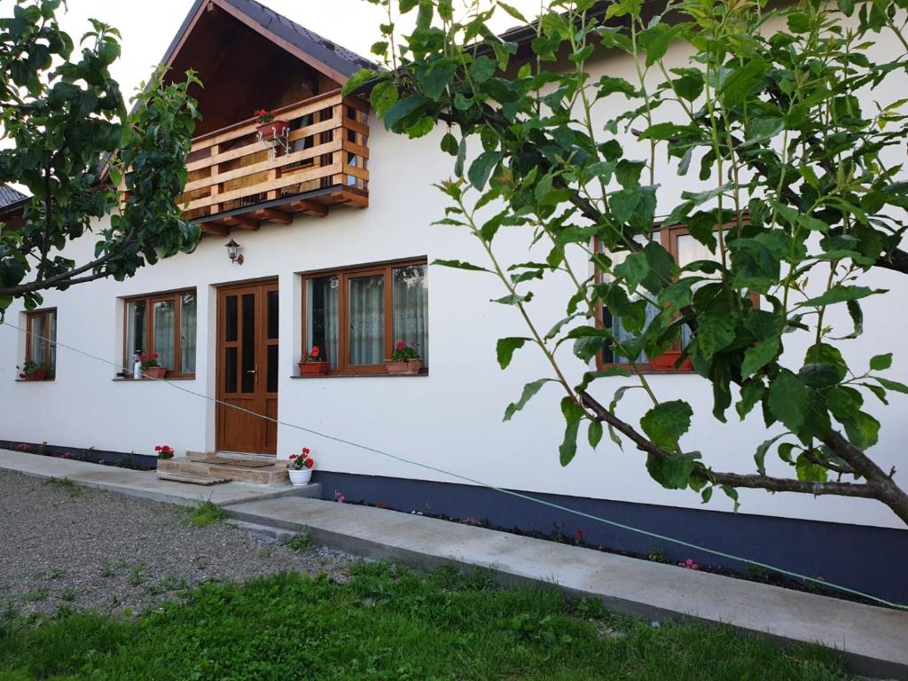 Casa blanca con puerta y ventanas de madera en Pensiunea Ilea en Ieud