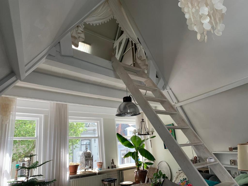 a loft bed in a room with a window at Choco Loca Loft, Bed, Bad & Bol in Den Bosch