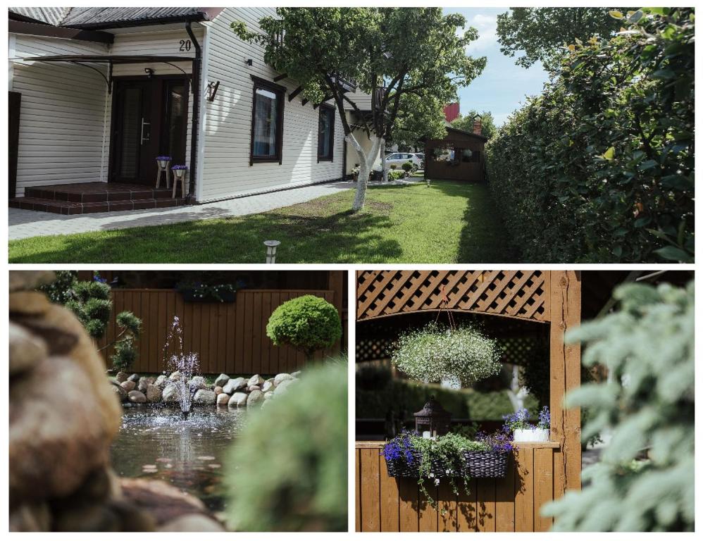 dos fotos de una casa con jardín y patio trasero en Pas Aldona en Palanga