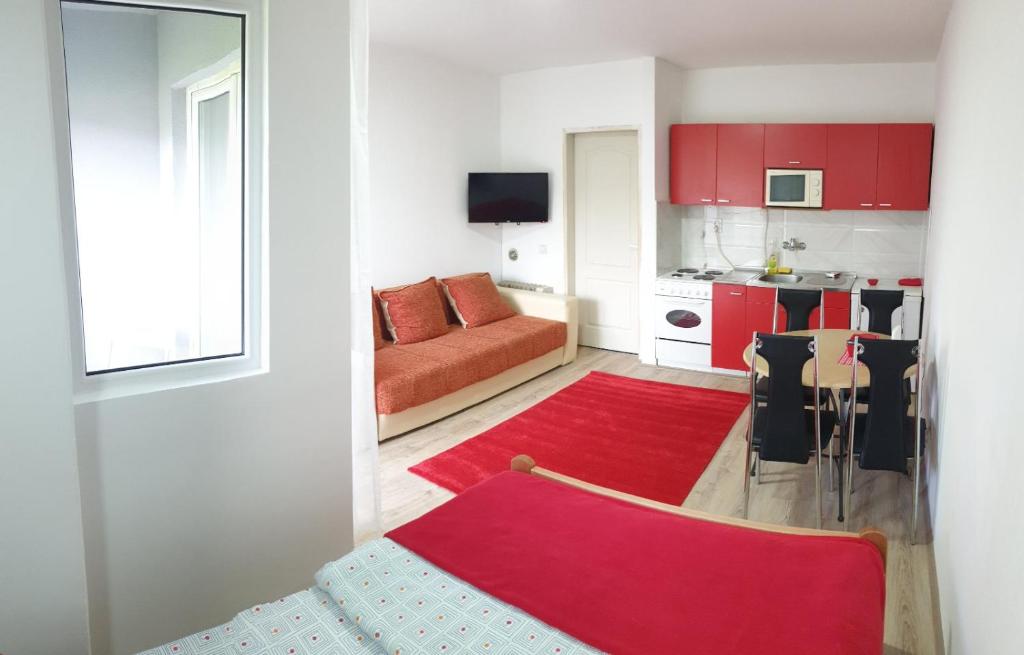 uma sala de estar com um sofá vermelho e um tapete vermelho em Apartman 4 - Studio Janja em Sokobanja