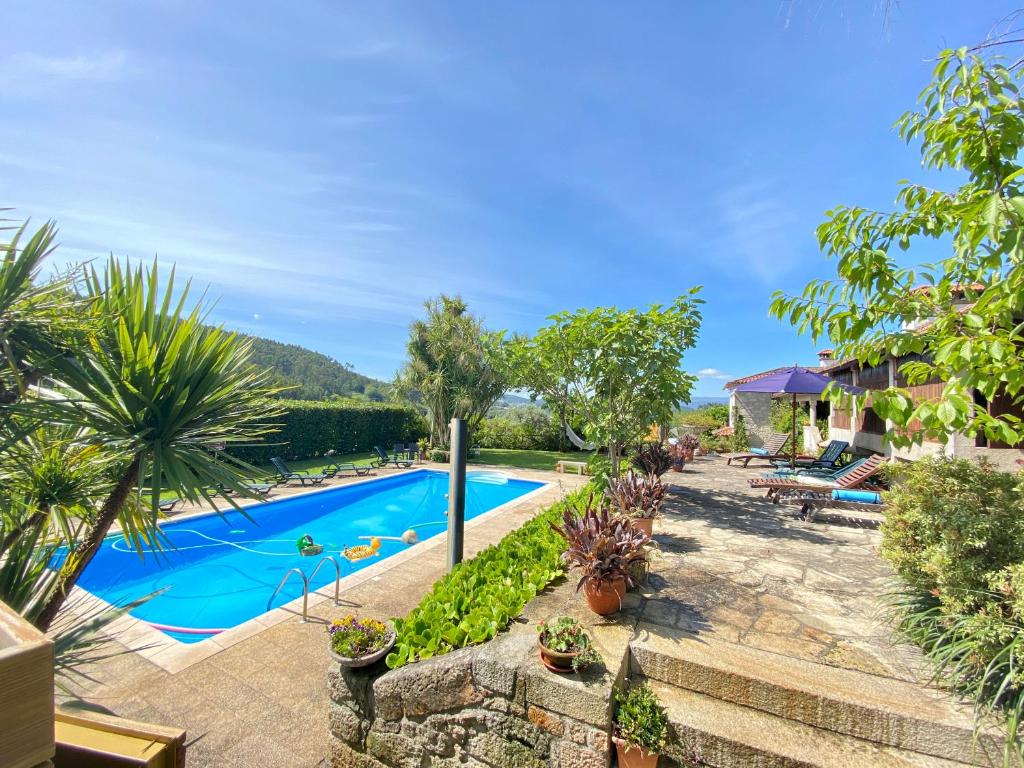 un complejo con piscina y palmeras en Casa do Outeirinho- Turismo Rural en Penedo