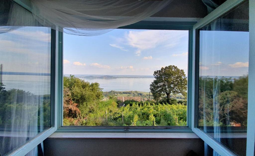 バダチョニトマイにあるSzőlőskert Vendégház Badacsonyの水辺の景色を望む客室内の窓