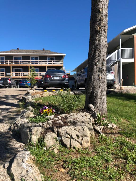 un albero e fiori di fronte a un edificio di Escarpment Heights Motel a Tobermory