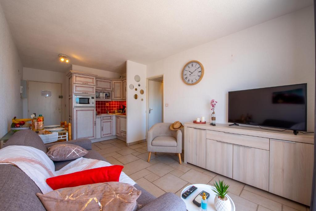 ein Wohnzimmer mit einem Sofa und einem Flachbild-TV in der Unterkunft T2 en hypercentre -parking privé-clim-proche plage in Sainte-Maxime