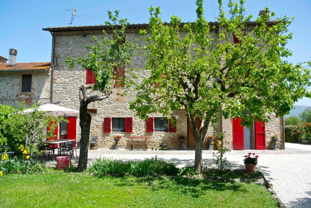 una vecchia casa in pietra con persiane rosse e alberi di Casa Donella B&B a Gricignano