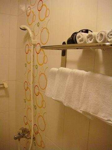 a bathroom with a shower with a towel rack at 蔓條絲裡Slow Motion B&amp;B in Yuchi