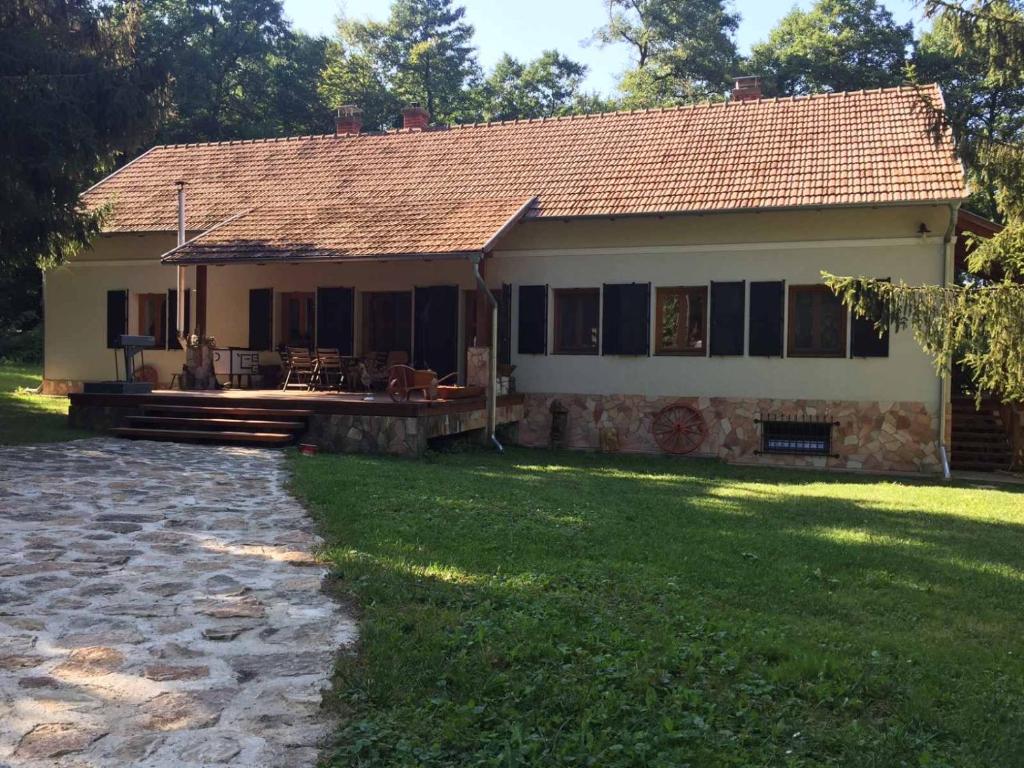 dom z patio i trawnikiem w obiekcie Erdő szélén házikó w mieście Porva