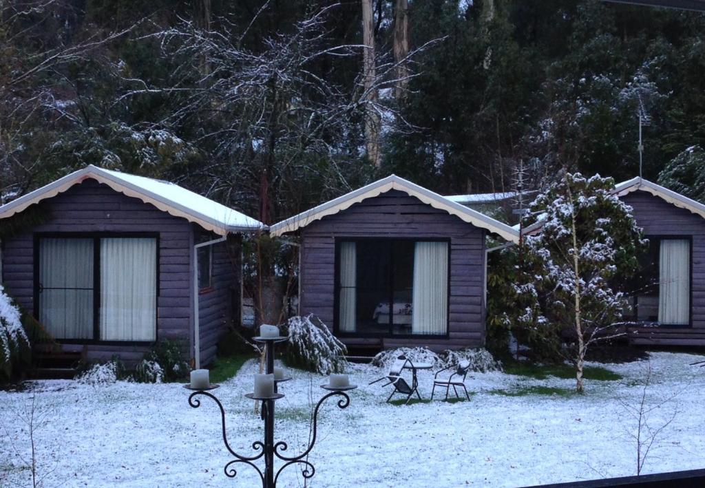 zwei Cottages mit Schnee auf dem Boden vor ihnen in der Unterkunft Crossways Country Inn in Marysville