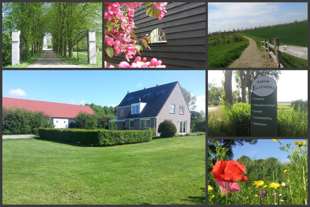 een collage van foto's van een huis en bloemen bij Hofstede Elzenoord in Vrouwenpolder