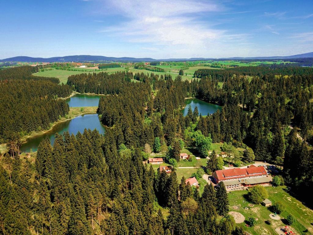 una vista aérea de una casa junto a un lago en Flambacher Mühle, en Clausthal-Zellerfeld
