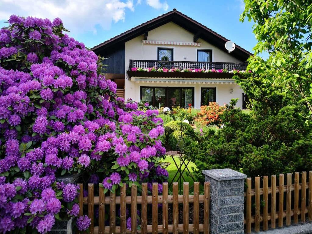 dom z fioletowymi kwiatami przed płotem w obiekcie Ferienwohnung Kreuzer Lydia w mieście Furth im Wald