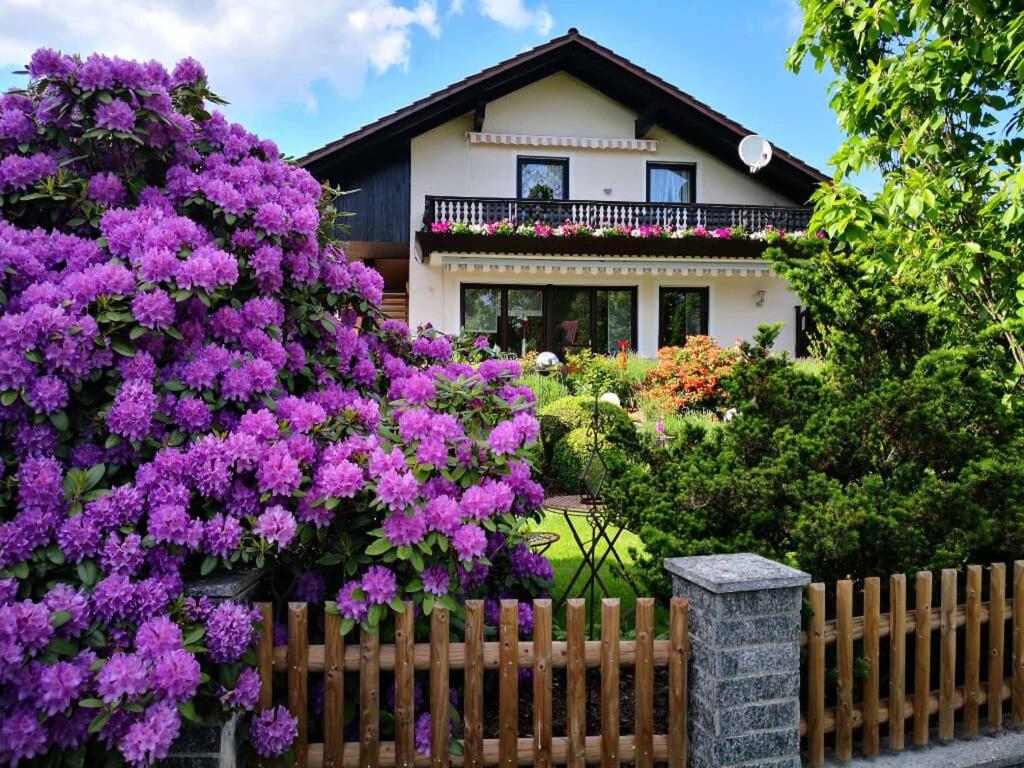 een huis met paarse bloemen voor een hek bij Ferienwohnung Kreuzer Lydia in Furth im Wald