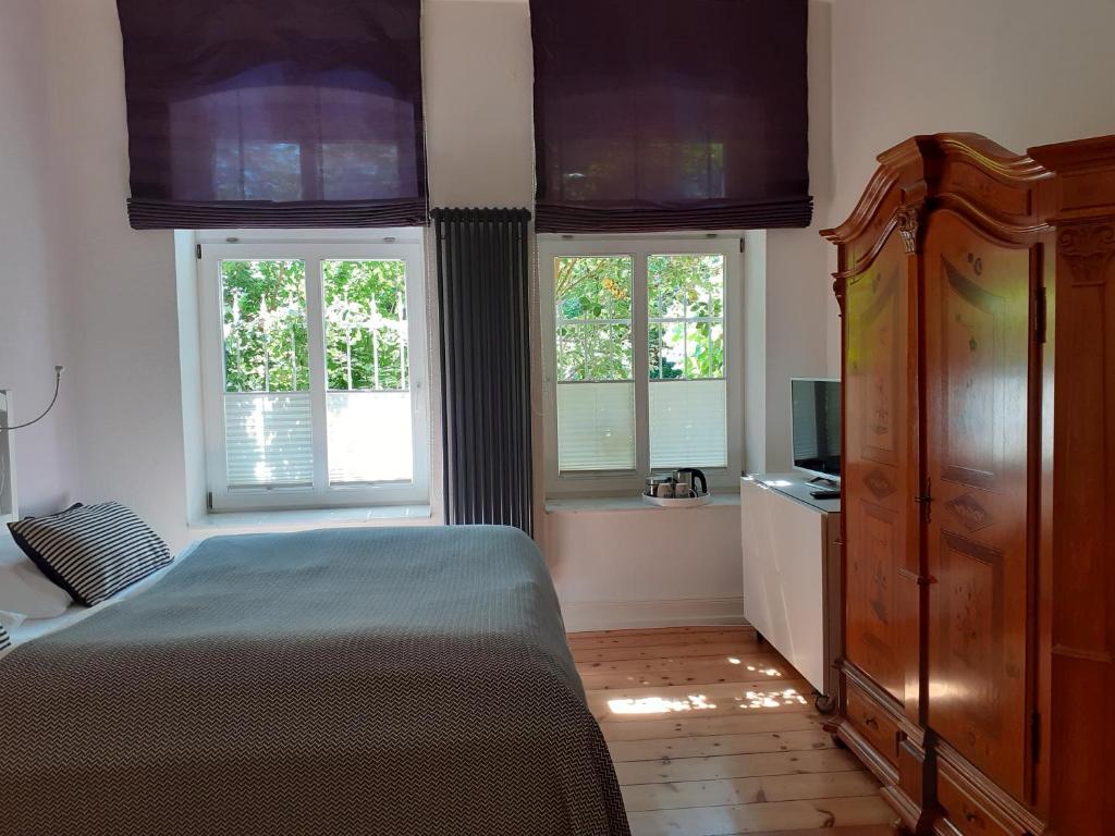 a bedroom with a bed and two windows at Villa Friedenstraße 11 in Lüneburg
