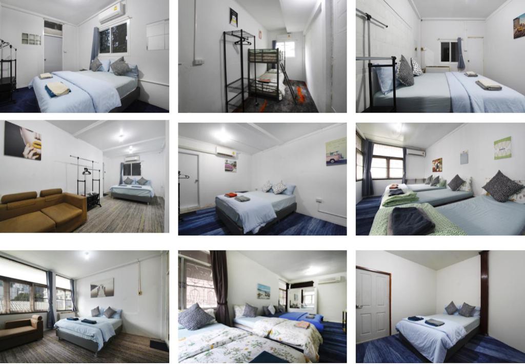 a collage of four pictures of a bedroom at Rubin Home in Bangkok