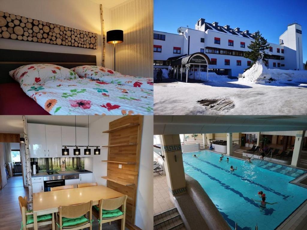 un collage de quatre photos d'une chambre d'hôtel avec une piscine dans l'établissement Waldwipfel-Appartement, à Sankt Englmar