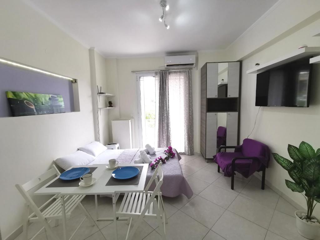 Televízia a/alebo spoločenská miestnosť v ubytovaní Lefkada SunCentral Apartments