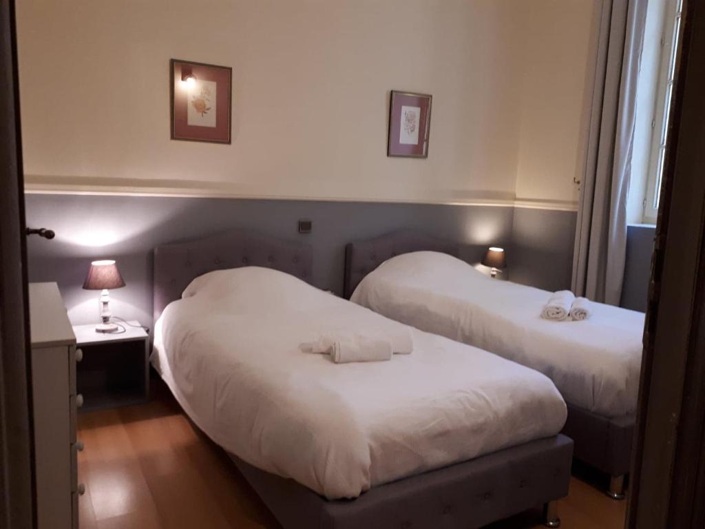 a room with two beds and a table with a lamp at Appartement 7 Château des Gipières in Montbrun-les-Bains