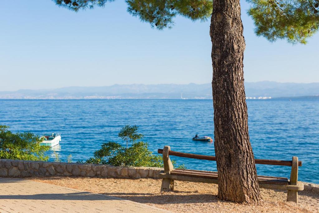 un banco sentado junto a un árbol junto al agua en Apartman ANTICA, en Vantačići