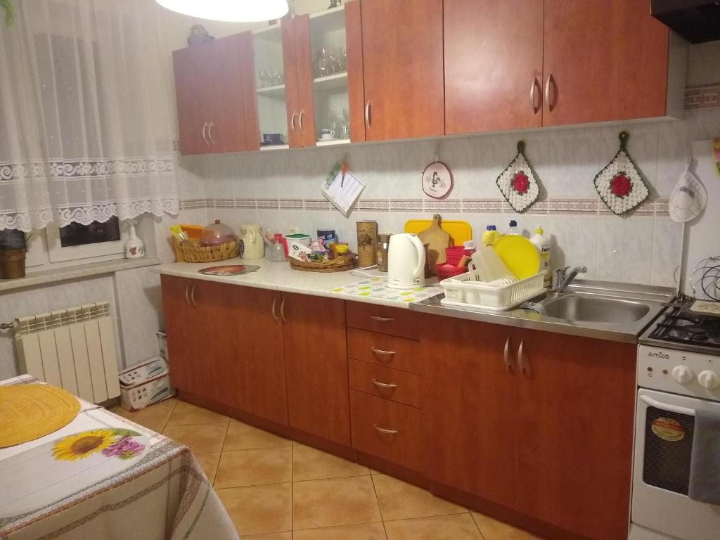 eine Küche mit Holzschränken, einer Spüle und einer Arbeitsplatte in der Unterkunft U STASI kwatery in Piwniczna-Zdrój