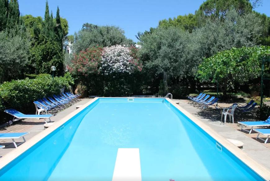 a blue swimming pool with chairs and trees at Villa Matisse - Damecuta Park in Anacapri