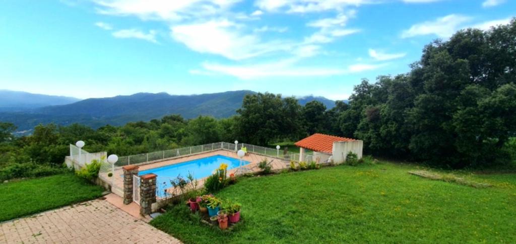 a backyard with a swimming pool and a grass field at villa calme et detente in Montbolo