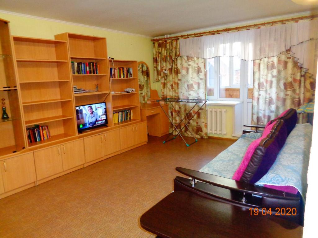 トムスクにあるАпартаменты 2-к Иркутский тракт 12のリビングルーム(ソファ、テレビ付)