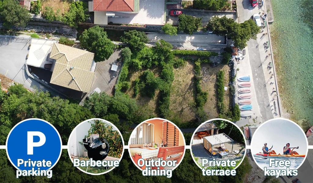 a collage of photos of a house and the ocean at Lukovo Seafront Apartments in Lukovo