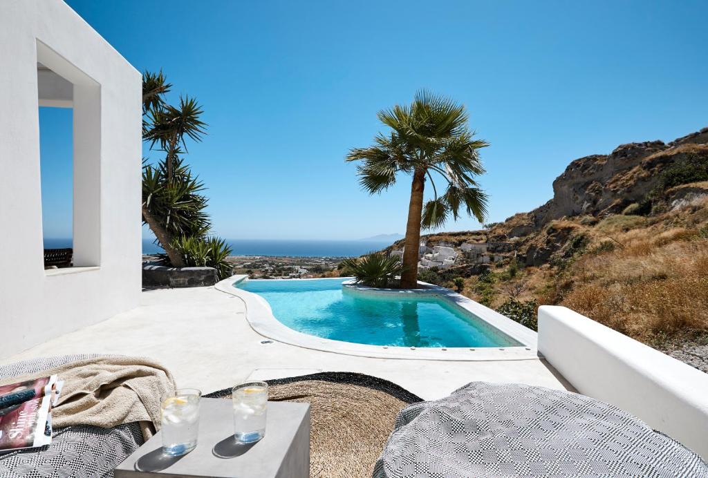 a swimming pool with a palm tree and the ocean at Casa Luz in Pyrgos