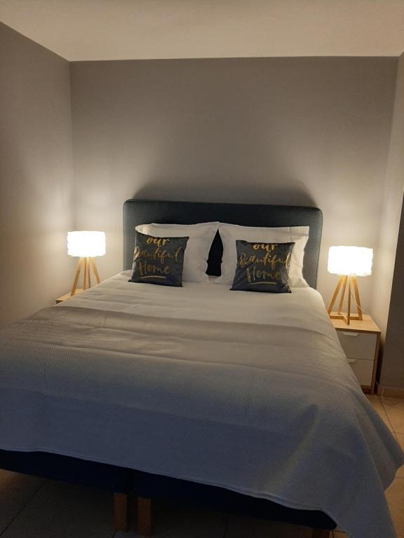 1 dormitorio con 1 cama grande y 2 lámparas en Panda Parc Appartment proche Pairi Daiza-Shape-Nato, en Lens