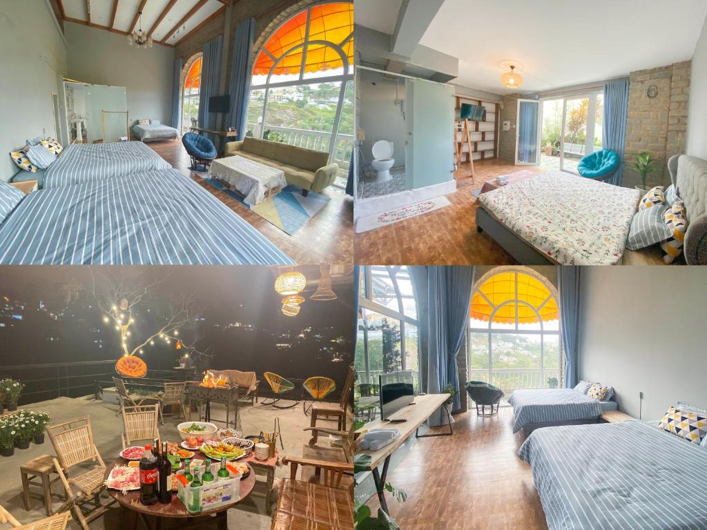eine Collage mit Fotos von einem Schlafzimmer und einem Wohnzimmer in der Unterkunft An Yên Villa Đà Lạt in Da Lat