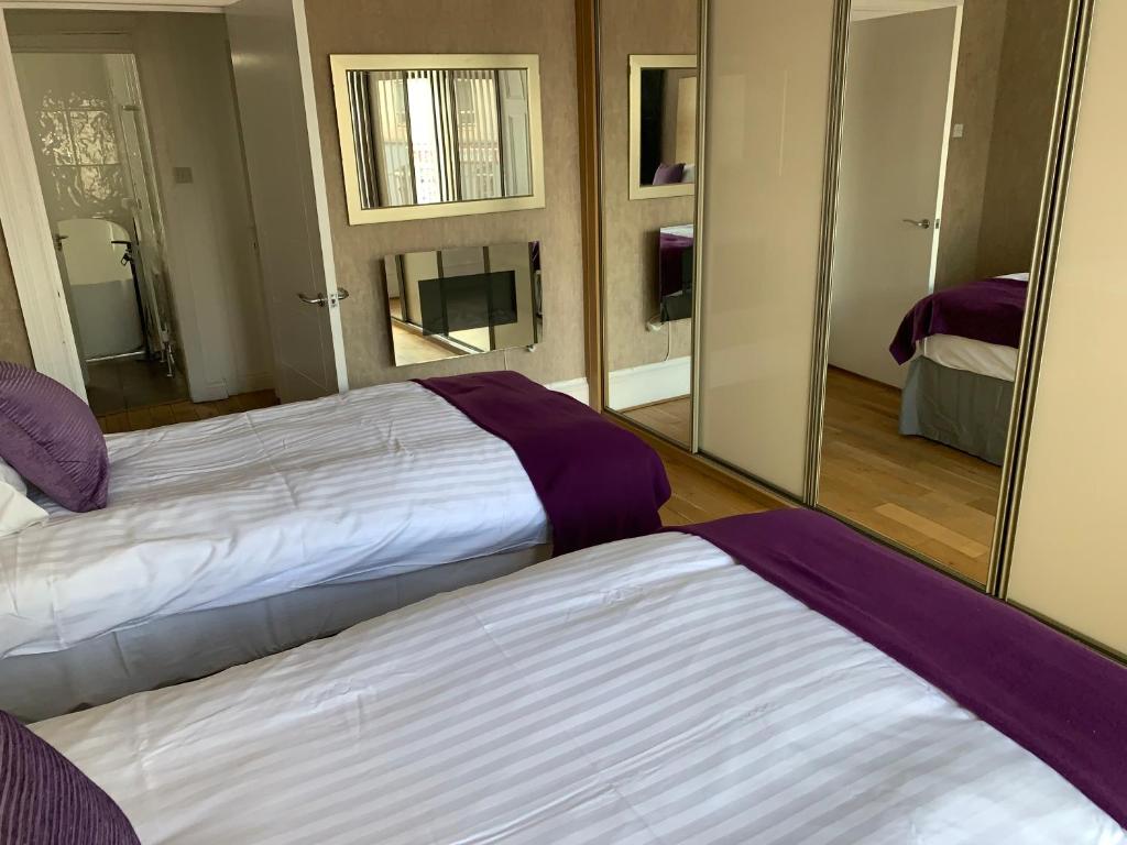 two beds in a room with a mirror at The Village Tavern Apartment in Larkhall