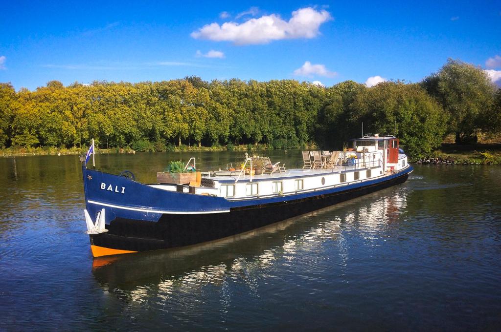 un bateau bleu et blanc dans l'eau dans l'établissement Bateau péniche au coeur de Lille, à Lille