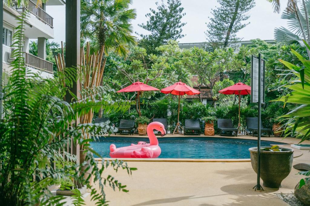 A garden pool framed by tropical planting, red parasols and a pink flamingo float.